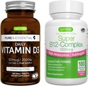 Vitamina D3 + Super B12-Complex, Bundle Vegetariano, 365 2000iu Vitamina D3 Tabletas + Alta Absorción Sublingual B12, por Igennus