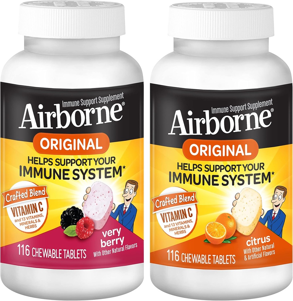 Airborne 1000mg Vitamin C Chewable Tablets Citrus &amp; Very Berry Flavor Bundle - Immune Support Suplemento con Zinc y Powerful Antioxidant Vitaminas A C &amp; E, (2x116ct bottles)*