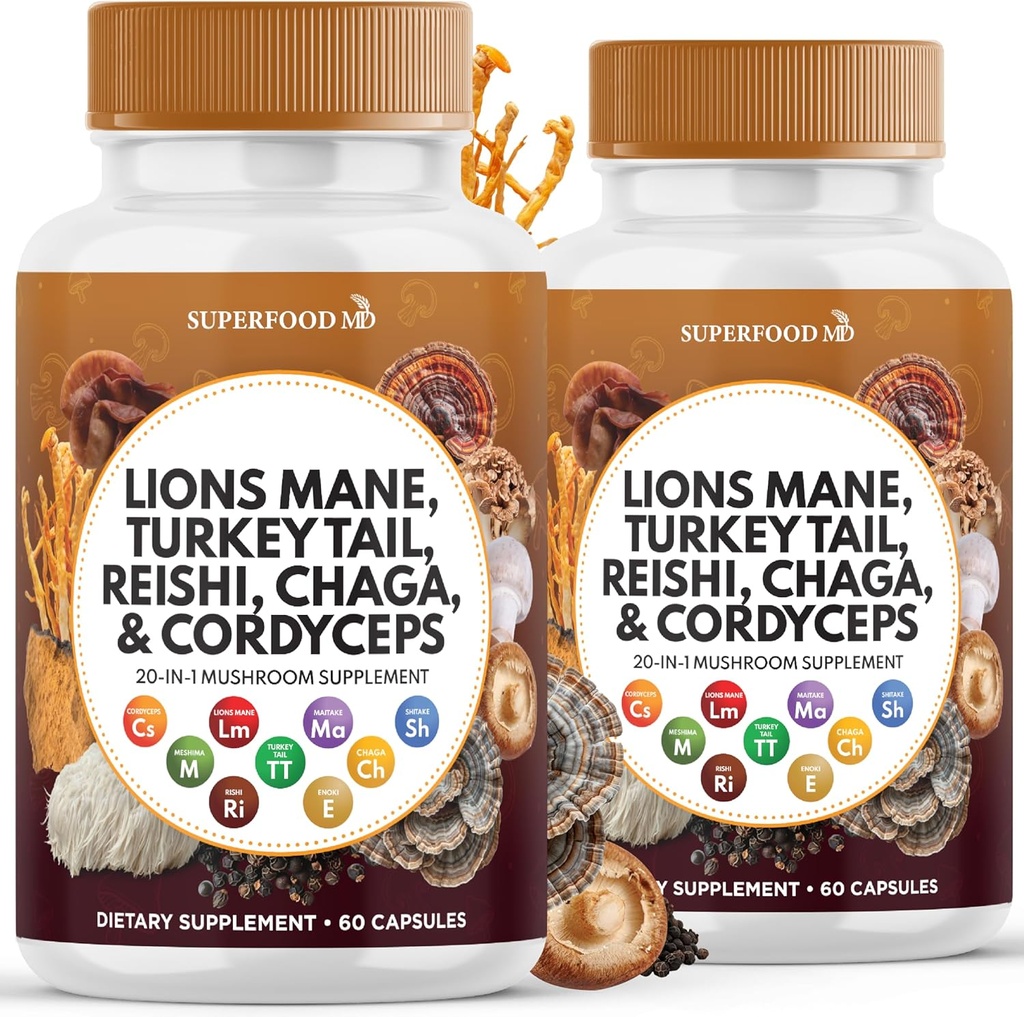 León Mane Mushroom Suplemento con Turquía Tail Reishi Cordyceps Chaga con Marshmallow Root - 120 Conde