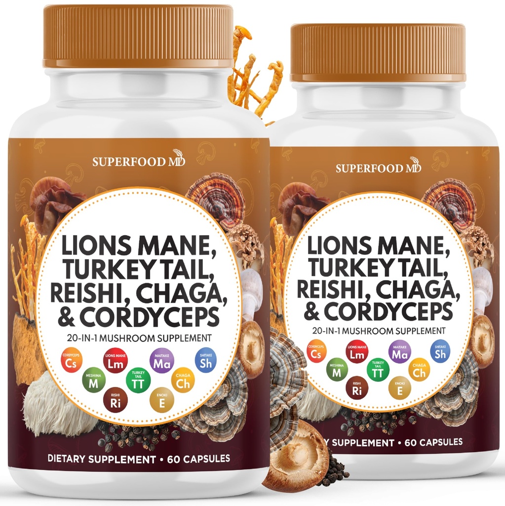 León Mane Mushroom Suplemento con Turquía Tail Reishi Cordyceps Chaga con Marshmallow Root - 120 Conde