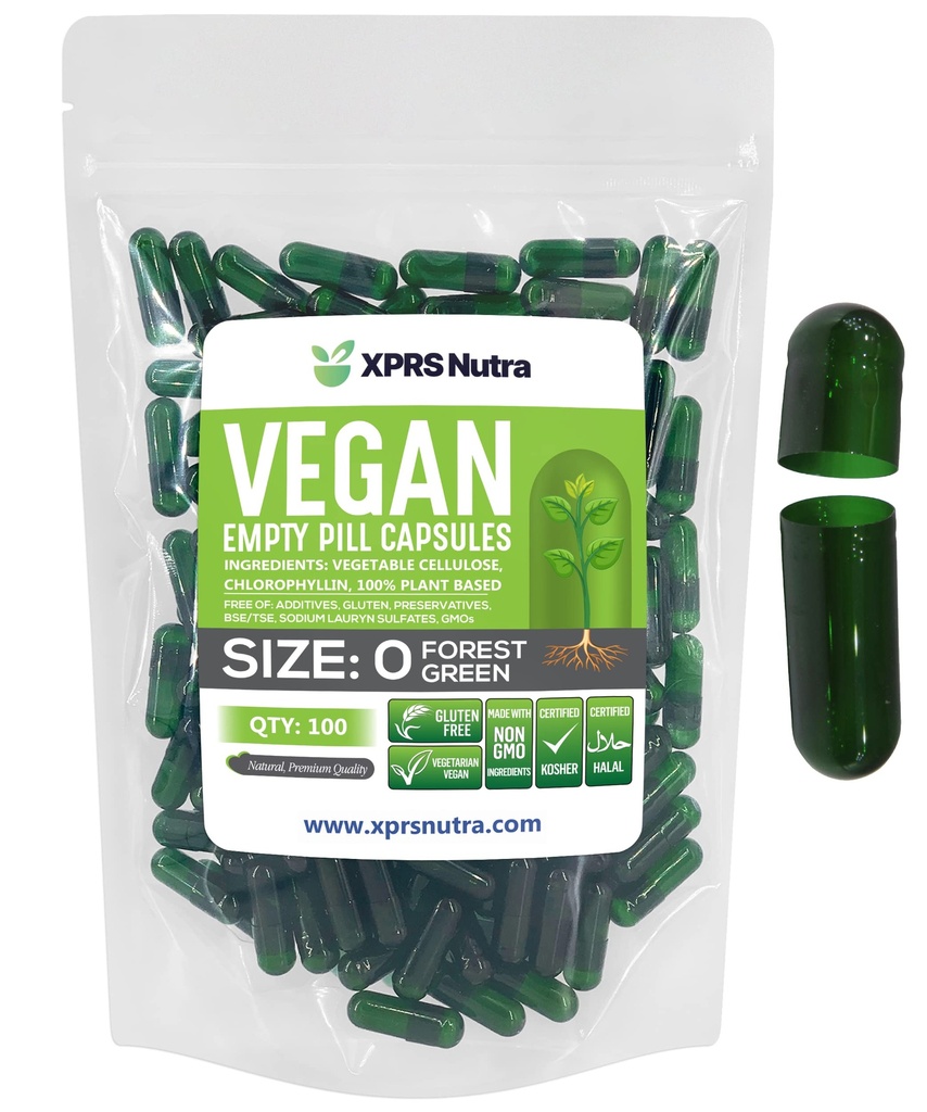 XPRS Nutra Tamaño 0 Empty Capsules - 100 Conde Empty Vegan Capsules - Vegetarian Pills - DIY Vegetable Capsule Filling - Veggie Pill Caps for Do-It-Yourself Supplements (Forest Green)