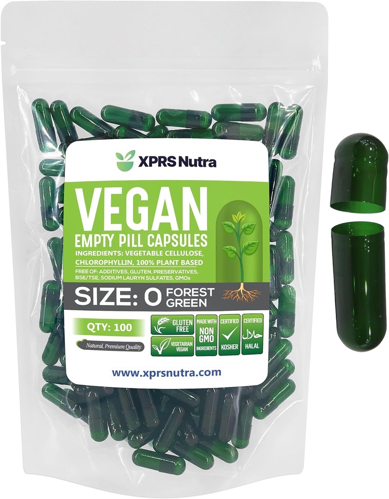 XPRS Nutra Tamaño 0 Empty Capsules - 100 Conde Empty Vegan Capsules - Vegetarian Pills - DIY Vegetable Capsule Filling - Veggie Pill Caps for Do-It-Yourself Supplements (Forest Green)
