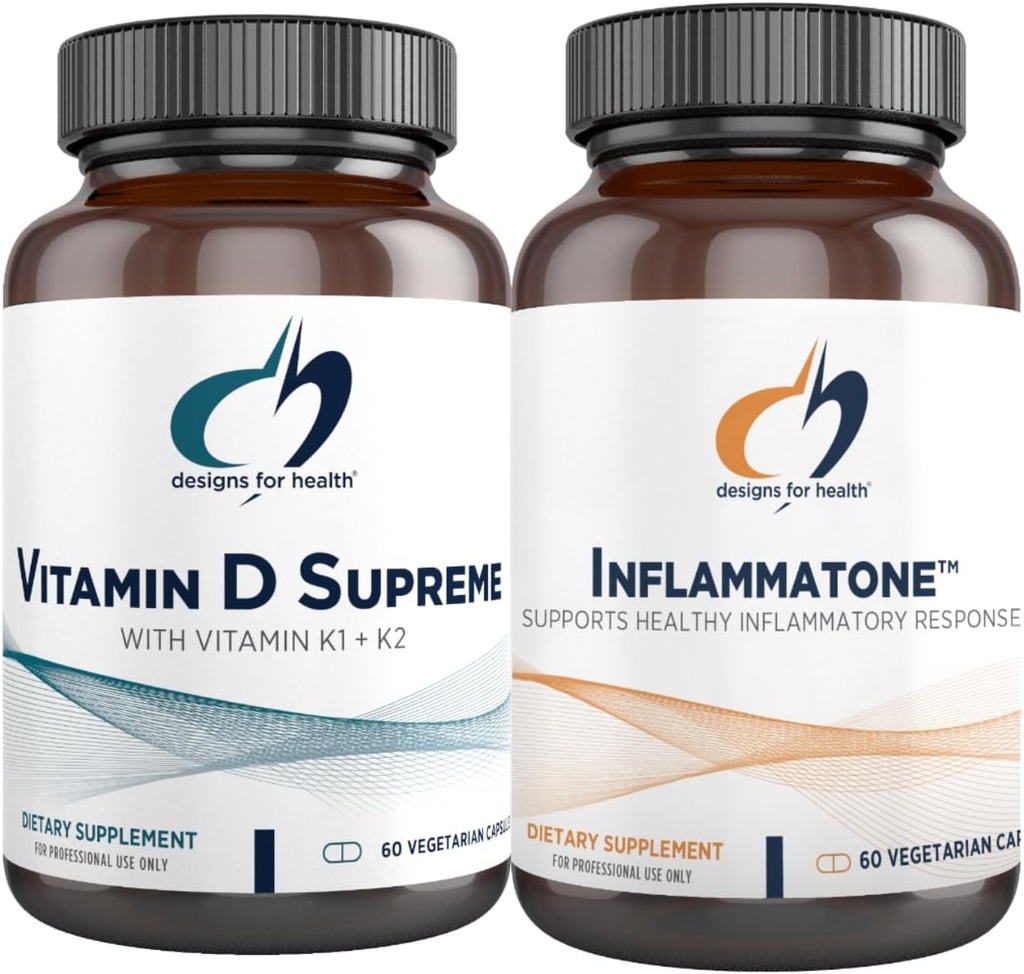 Diseños para la salud Vitamina D Supreme + Inflammatone Bundle - Vitamina D3 5000 UI + 2000mcg Vitamina K con una mezcla botánica Enzyme para promover la respuesta inflamatoria saludable - 2 productos