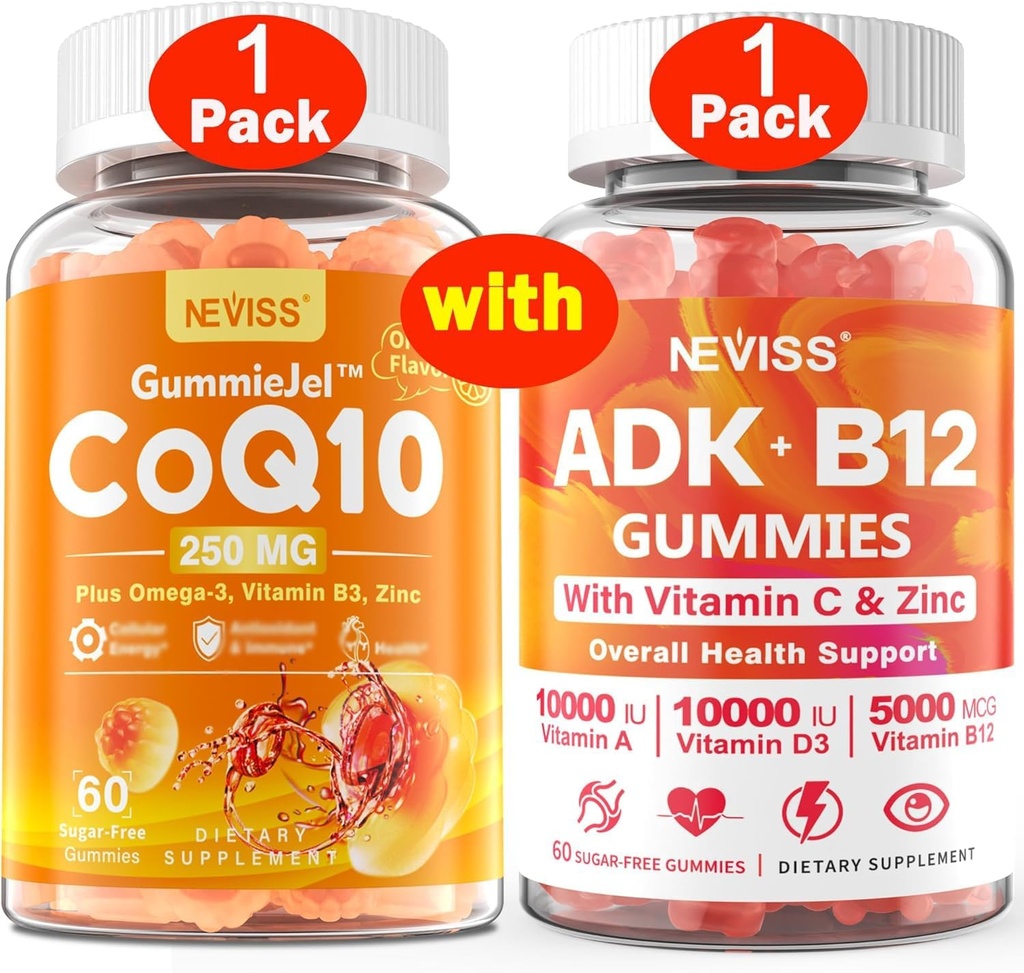 NEVISS 1Pack CoQ10-250 mg Mangas llenas + 1Pack Vitamina ADK con B12 Gummies