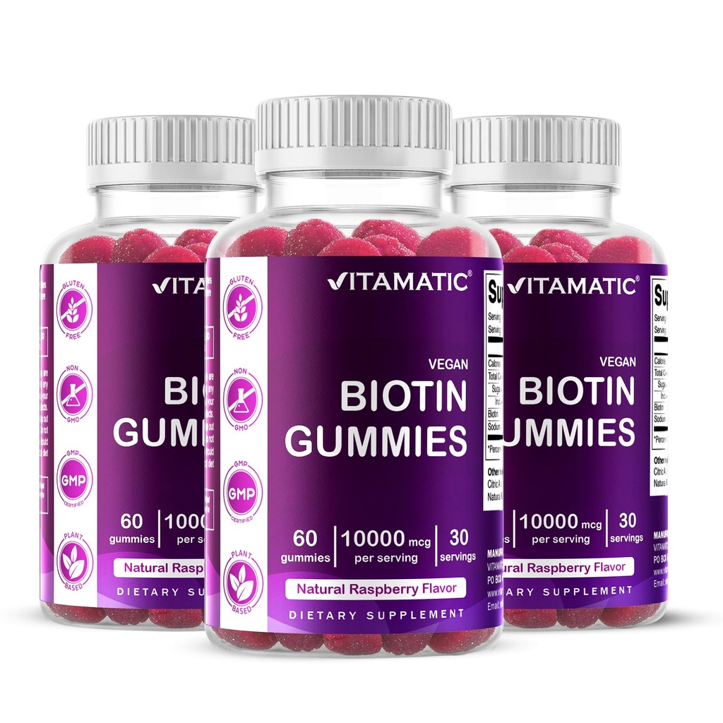 Vitamatic Biotin Gummies 10,000 mcg for Stronger Hair, Skin & Nails - 60 Gummies Vegan - También llamada Vitamina B7 (3 Botellas)