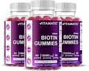 Vitamatic Biotin Gummies 10,000 mcg for Stronger Hair, Skin & Nails - 60 Gummies Vegan - También llamada Vitamina B7 (3 Botellas)