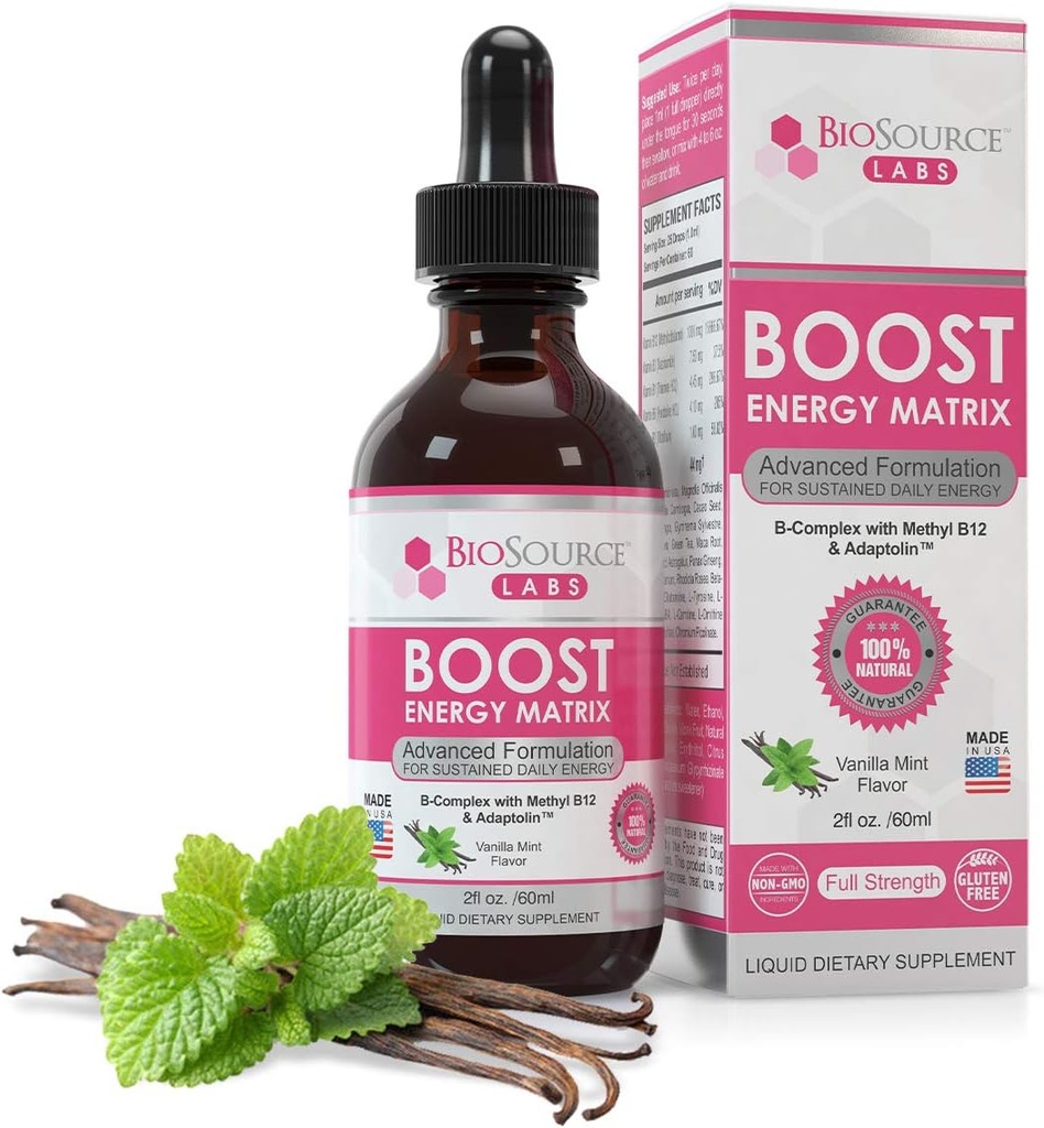 Boost Energy Matrix –Vegan Vitamina B-Complex Sublingual Liquid Drops w/Methyl B12 & Adaptolin (2oz / 60ml Bottle)