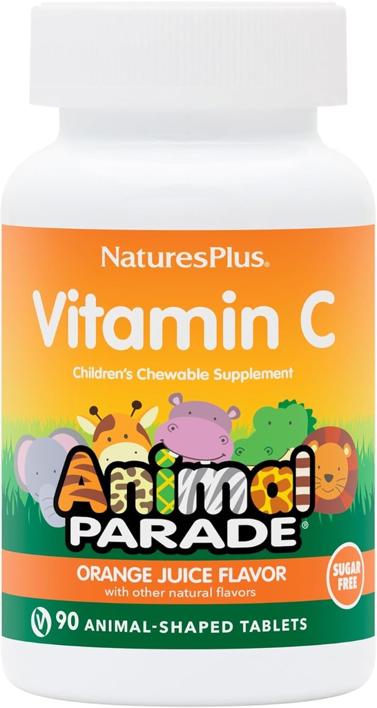 Natures Plus Animal Parade Vitamina C, Natural Orange Juice Flavor - 90 Chewable Animal Shaped Tablets - Immune Support - Gluten Free - 45 Servings