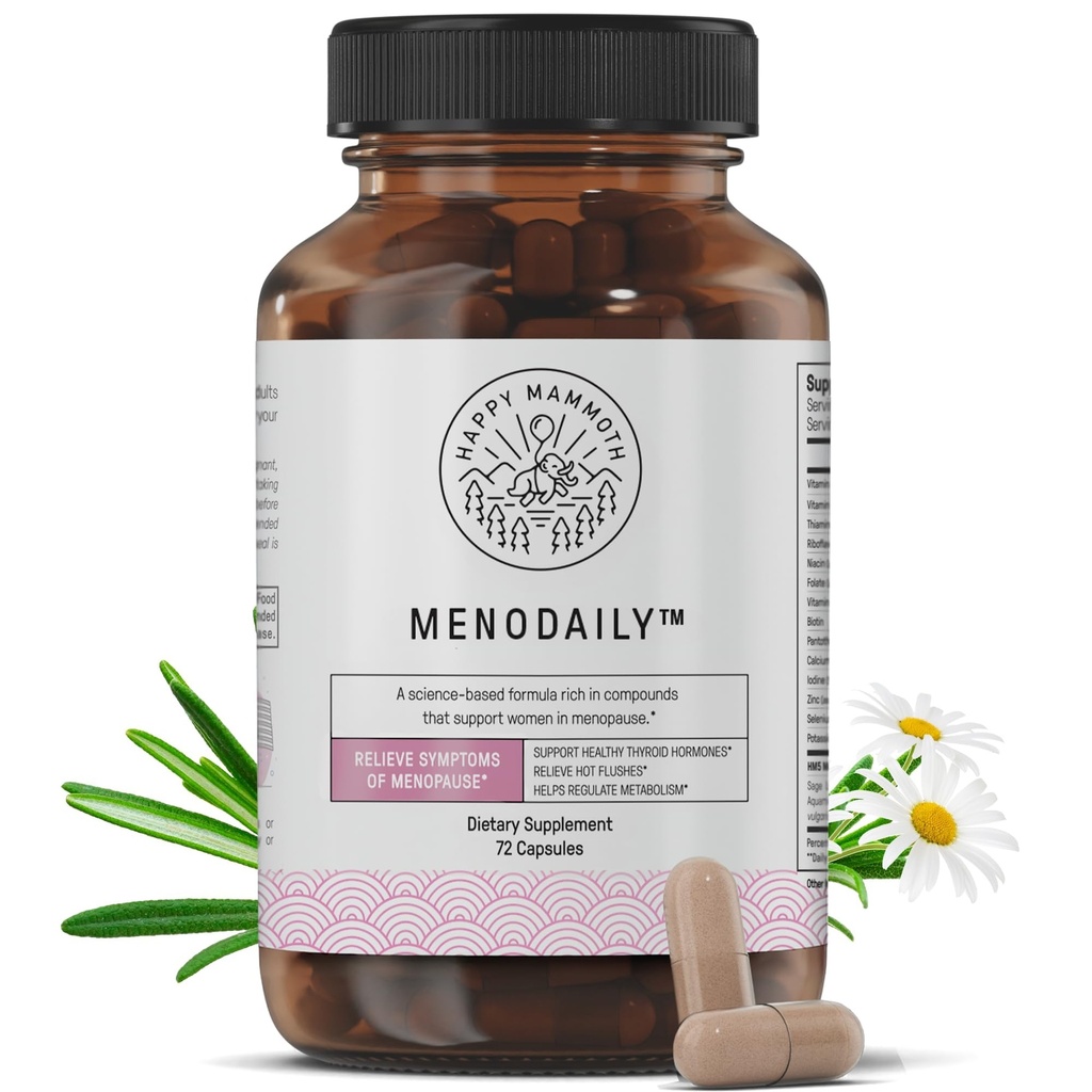 Happy Mammoth Meno Daily Menopause Vitaminas &amp; Suplementos para Mujeres (*No Hormone Harmony), Metabolismo Boost, Esquí saludable, Pelo y uñas, Flash caliente, Soporte de Mood, 72 caps