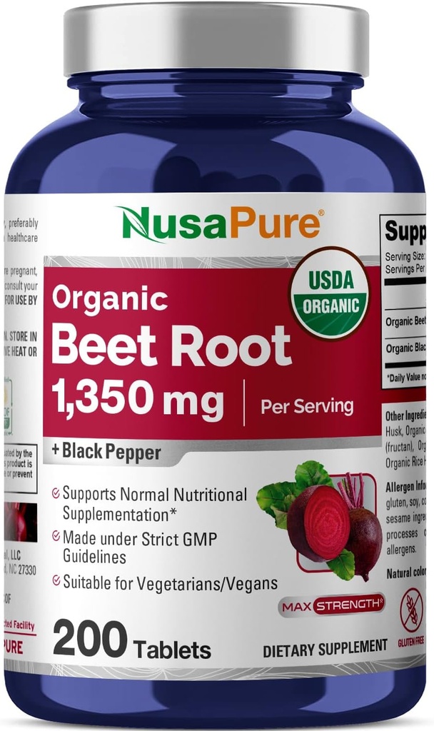 NusaPure Beet Root 1,350 mg 200 Tabletas orgánicas (vegetariano, USDA, no GMO &amp; Gluten Gratis) Pepper negro