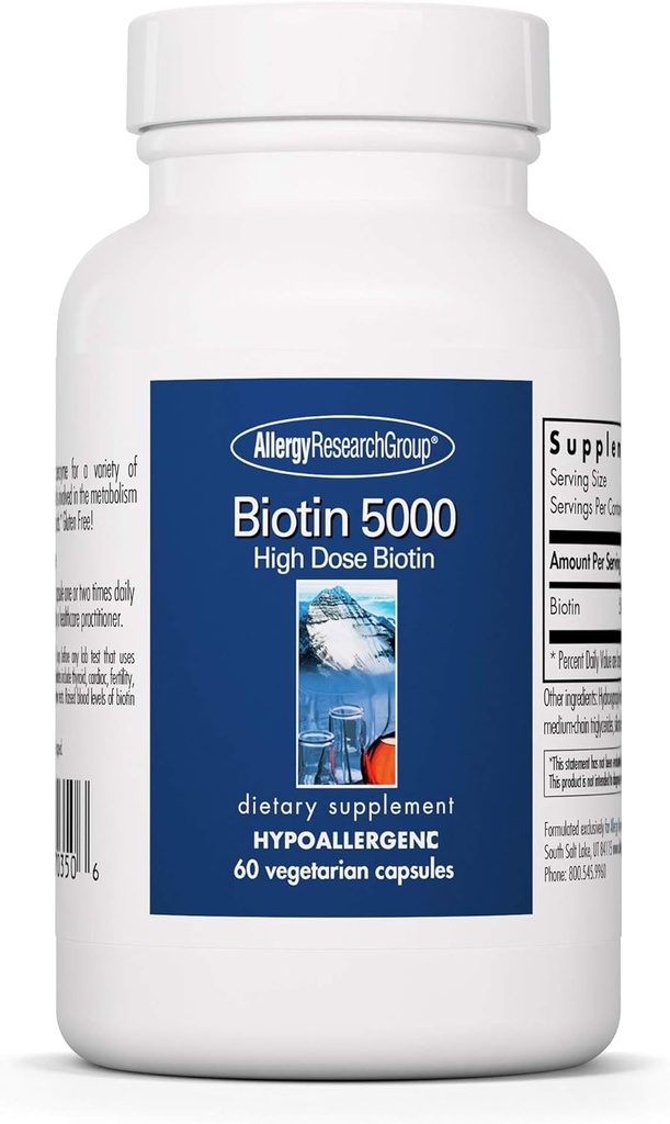Grupo de Investigación de Alergia Biotina 5000 Suplemento - 5000mcg Biotina, Vitaminas para el pelo, la piel y las uñas, alta dosis, cápsulas vegetarianas, hipoalergénica, Gluten Gratis - 60 Conde
