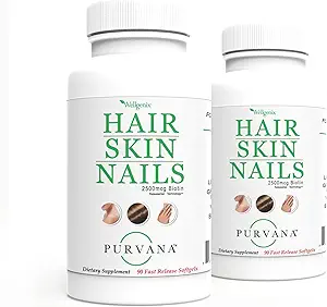 Wellgenix Purvana Hair, Skin, and Nails Vitamin Softgels for High Absorption - Double Strength 2500mcg Biotin, VIT A & B (90 Count) 2 Pack