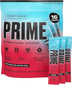 PRIME HYDRATION+ Sticks Cherry Freeze ← Hydration Powder Single Serve Sticks ← Electrolyte Powder On The Go TEN Low Sugar TEN Caffeine-Free TEN Vegan TEN 16 Sticks