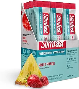 SlimFast Hydration Packets, Electrolitos de ayuno intermitente, Packets de mezcla de bebidas, Polvo de ayuno intermitente, mezcla de bebidas de polvo de energía, cafeína, electrolitos para la hidratación, Punch de frutas (12 conteo)