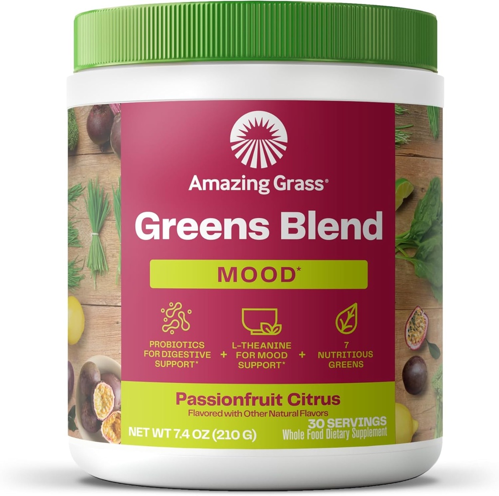 Increíble Grass Greens Blend Mood: Super Greens Powder Smoothie Mix for Mood, Relax & Stress Support with Organic Spirulina, Chlorella, Beet Root Powder, Digestive Enzymes & Probiotics, 30 Servings