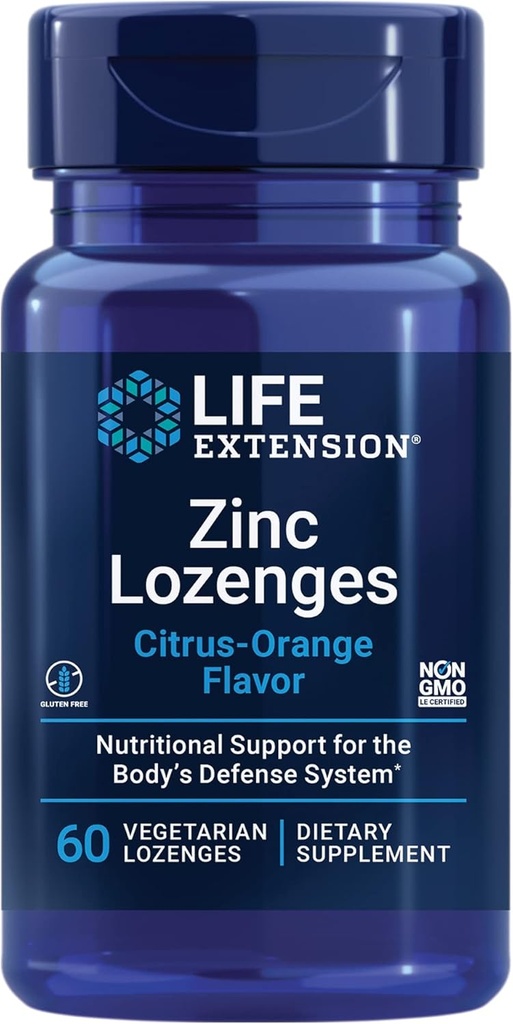 Extensión de la vida Zinc Lozenges – Sabor de Citrus-Orange – para la síntesis saludable de proteínas &amp; salud inmunitaria - Suplemento de gestión de la inflamación - Gluten-Free, Non-GMO – 60 Lozenges vegetarianos