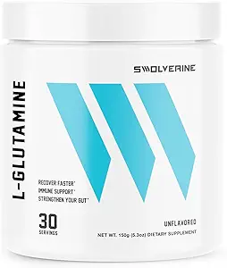 Swolverine L-Glutamine ← Reduce el ejercicio dolor muscular inducido, mejora la recuperación, mejora la salud del Gut, apoya la salud inmune, vegano, no GMO, GF, 5g por ser (60 servidos)