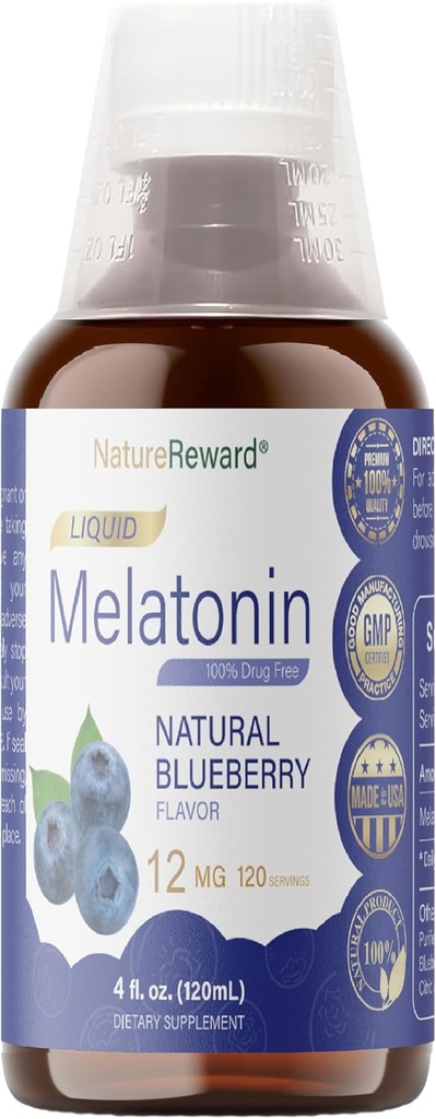Melatonin 12mg Silencioso 4 fl oz Liquid ←120 Serviciones Silencio Blueberry Flavor Silencio para Adultos Silencio No-GMO, Suplemento Vegetariano