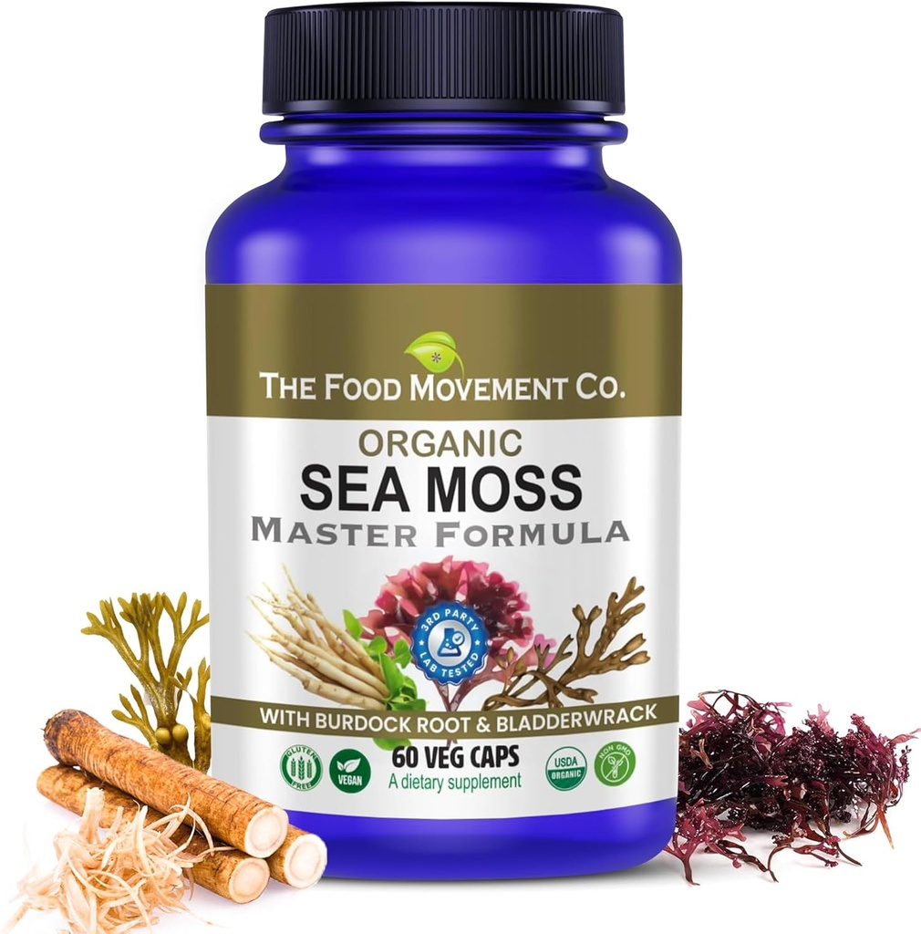 EL MOVIMIENTO DE FOOD CO. Moss Master Fórmula con Burdock Root & Bladderwrack para Gut Health Silencioso orgánico Vegan Suplemento para Mujeres y Hombres ← Irlandés Moss Blend for Optimal Well-Being (60)