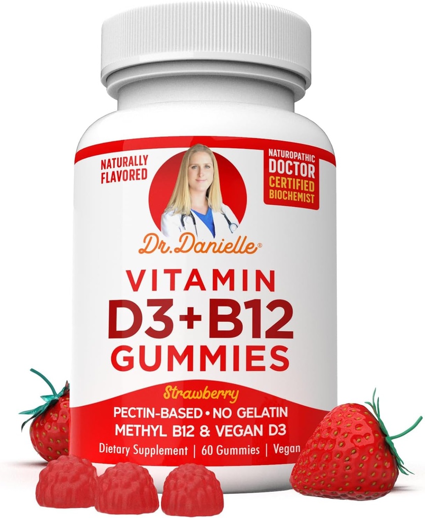 Vitamina D3, B12 Gummies por Dr. Danielle, Vegan Daily Supplement for Adults &amp; Kids, Non-GMO, Vitamina D3 1000 UI &amp; 250 mcg Vitamina B12, 2 Month Supply (60 Gummies)