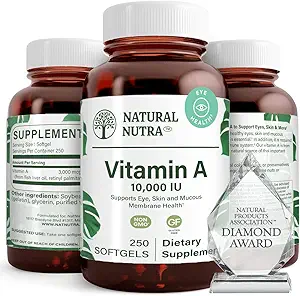 Vitamina Nutra Natural A 10,000 IU Softgels – High Potency Eye and Skin Vitamina sin gluten Un suplemento para la salud de la piel – Fish Liver Oil para hombres y mujeres, Gluten Free, 250 Softgels