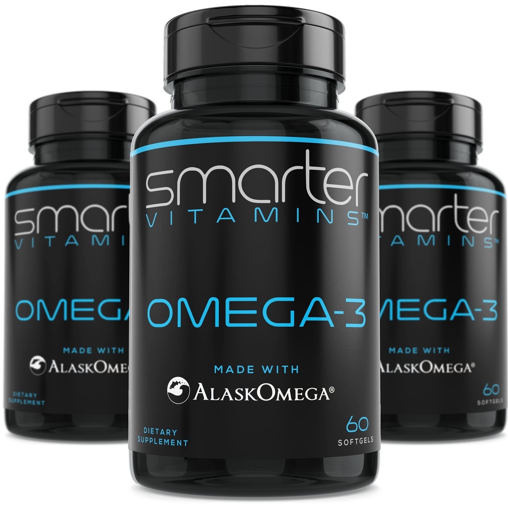 (3 Pack) Smarter Omega 3 Fish Oil, Berry Flavor, Burpless, Tasteless, 2000mg, DHA EPA Triple Strength Brain, Made with AlaskOmega®