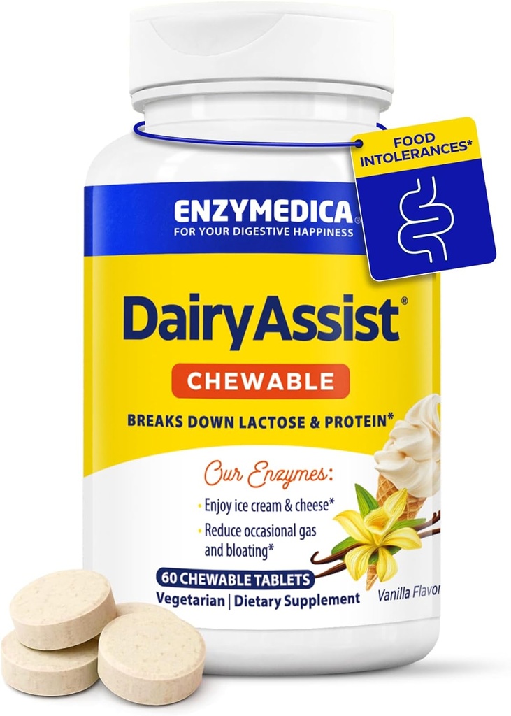 Enzymedica DairyAssist Chewable, 2-en-1 Enzymes Digestivos para la digestión de lácteos, lactosa y Casein, Fórmula de acción rápida para el gas y el alivio de la hinchazón, 60 Tabletas Chewable