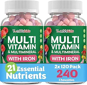 YUM-V'S Kids Multivitamin with Iron - Kids Chewable Multivitamin - Vitaminas + Suplemento de Hierro - Vitaminas Toddler para 2 años Old+, Kosher, Halal, Gluten Free 120 (Pack of 2