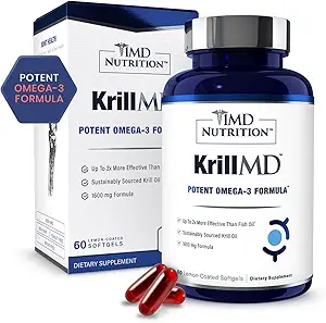 1MD Nutrición KrillMD - Aceite de Krill Antártico Omega 3 Suplemento con Astaxanthin, EPA, DHA TEN 2X Más Eficaz que el Aceite de Pescado TEN 60 Softgels