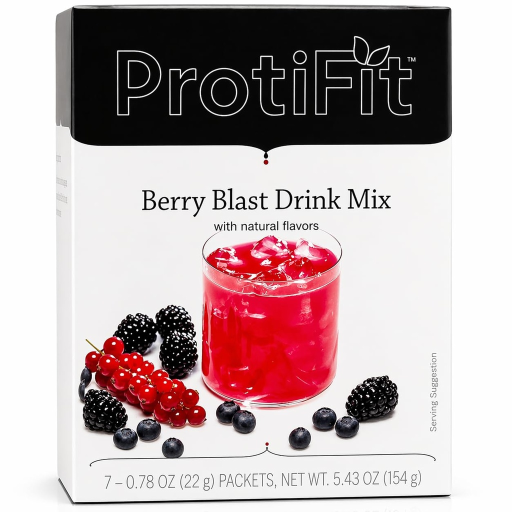ProtiFit - High Protein Fruit Flavored Powder Drink Mix, 15g Protein, Baja Calorie, Sugar Gratis, Ideal Protein Compatible, 7 Servidores Por Caja (Berry Blast)