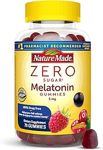 Nature Made Zero Sugar Melatonin 5mg Sleeping Gummies for Adults Extra Strength, 100% Drug Free Sleep Aid, Aspartame Free, 70 Sugar Free Melatonin Gummies, 70 Day Supply