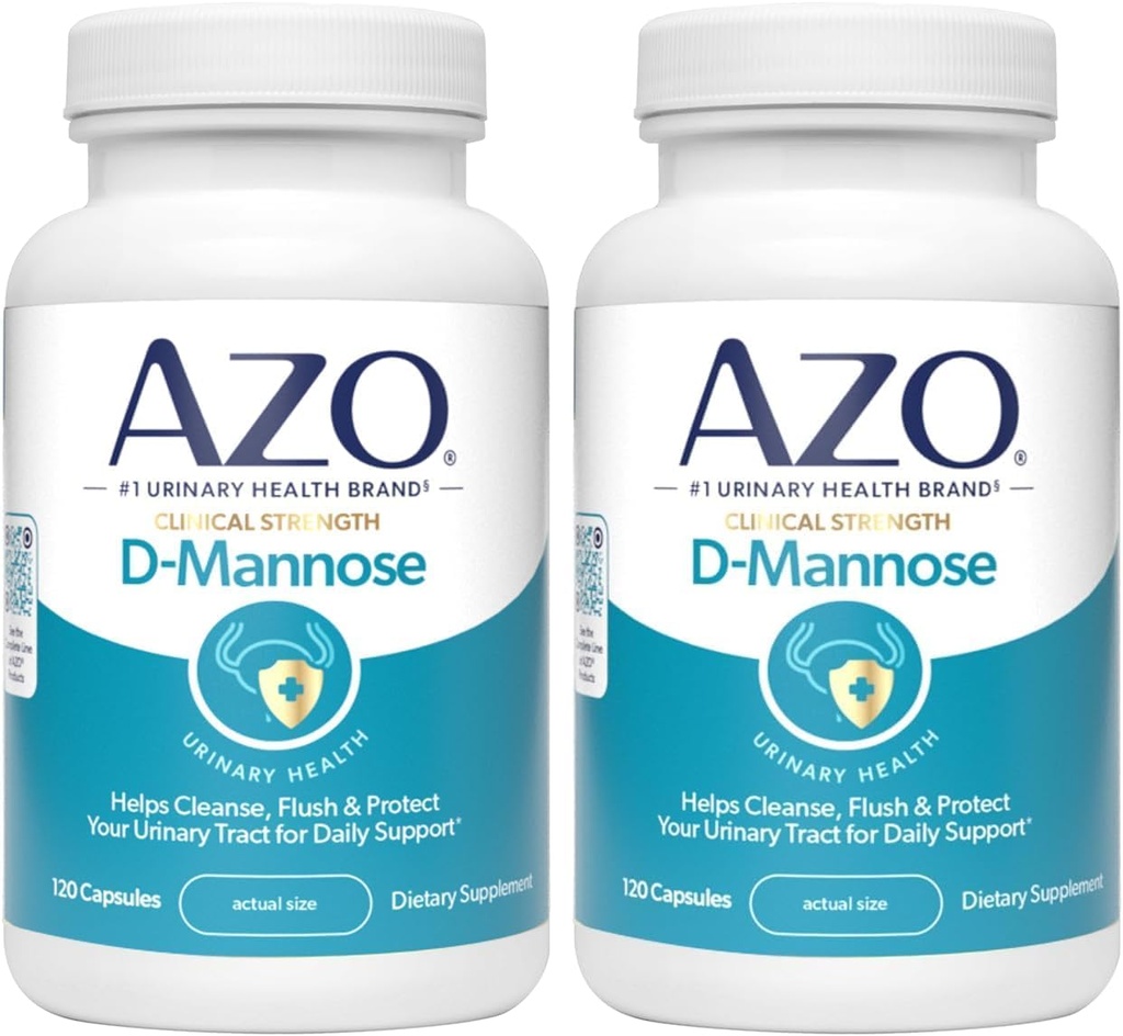 AZO D Mannose Urinary Tract Health, Cleanse, Flush &amp; Protect The Urinary Tract, No.1 Pharmacist Recommended Brand, Clinical Strength, Non-GMO, 120 Count (Pack of 2)