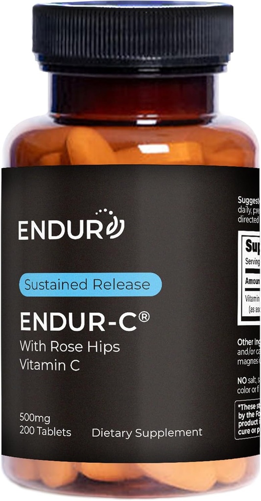 Endur ENDUR-C Vitamina C con Rosa HIPS, soporta la producción de colágeno, la protección antioxidante y la digestión suave, sin gluten, 500 mg (200 tabletas)