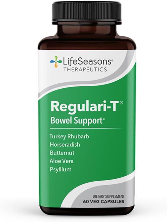 LifeSeasons - Regulari-T - Soporte de bolos - Suplemento de alivio del estreñimiento - Laxante natural - Mantener la regulación y eliminación del colon saludable - Suavización de la heces - Reducir el descomfort del gas - 60 cápsulas