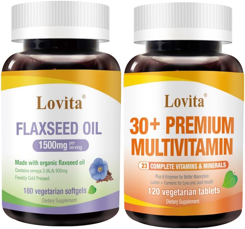 Lovita Cold-Pressed Flaxseed Oil & Premium Multivitamin for Adults 30+ Nutrients Bundle (Vegetarian)