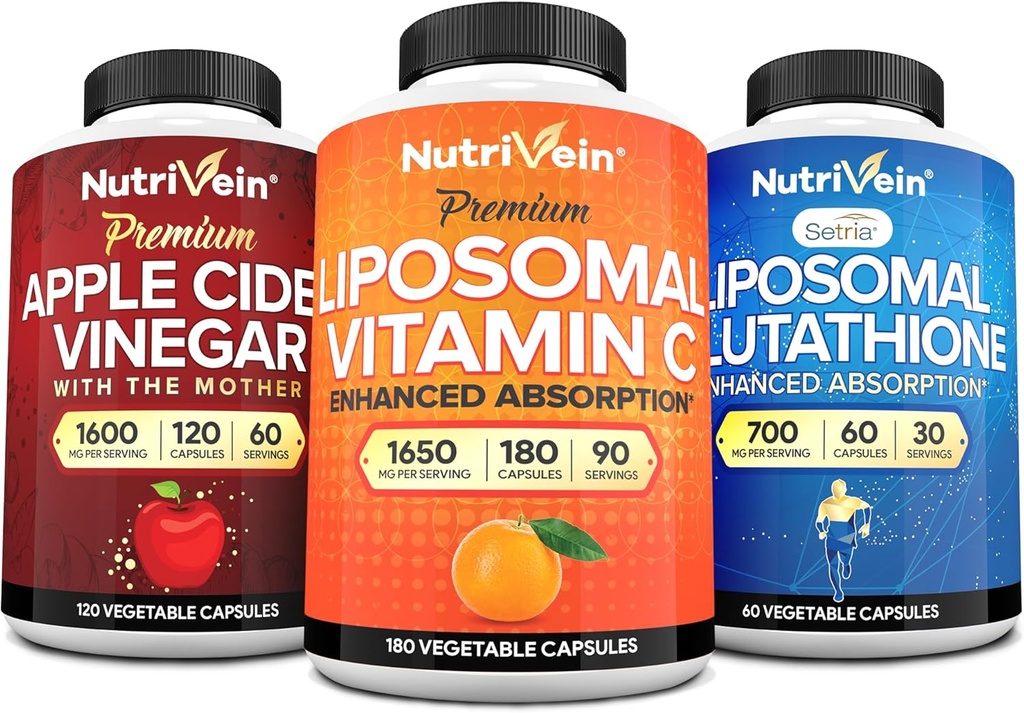 Nutrivein Premium Liposomal Glutathione, Apple Cider Vinegar Capsules, & Vitamina C Suplemento Bundle: Vitamina C, ACV Capsules, & Glutathione Suplemento Bundle for Cellular Defense & Detox