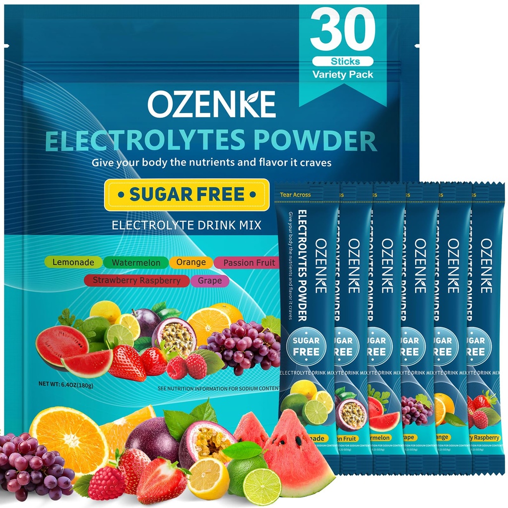 Electrolytes Packets de polvo, 30 Sticks Hydration Packets Sugar Gratis, Electrolyte Drink Mix Travel Electrolyte Packets for Rapid Hydration, 6 Flavors