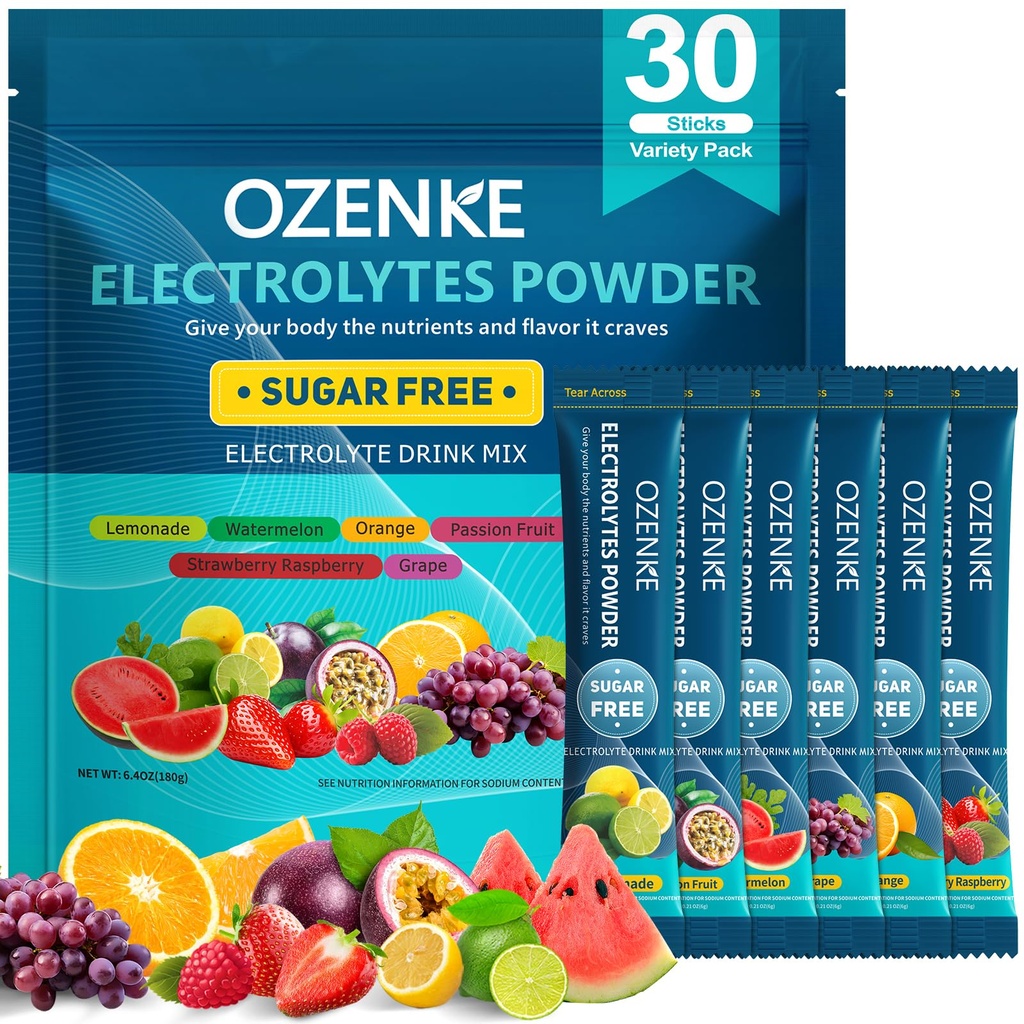 Electrolytes Powder Packets, 30 Sticks Hydration Packets Sugar Free, Electrolyte Drink Mix Travel Electrolyte Packets for Rapid Hydration, 6 Flavors