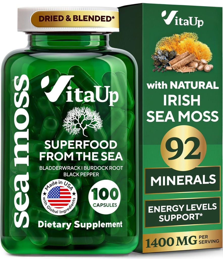 Wildcrafted Irish Sea Moss Capsules with Burdock Root & Bladderwrack - USA Made Sea Moss Advanced for Hair, Skin, Immune & Energy Levels Support - SeaMos Pills - 100 Vegan Capsules