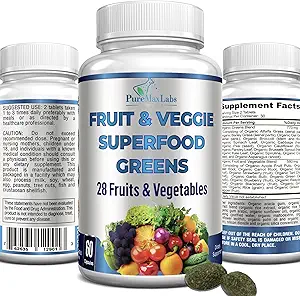 Frutas y Veggie Superfood Greens - 28 Frutas y verduras incl. Alfalfa, Barley Grass, Spirulina, Beet Root, Tart Cherry, Concentrated Natural Antioxidants- 60 Tablets
