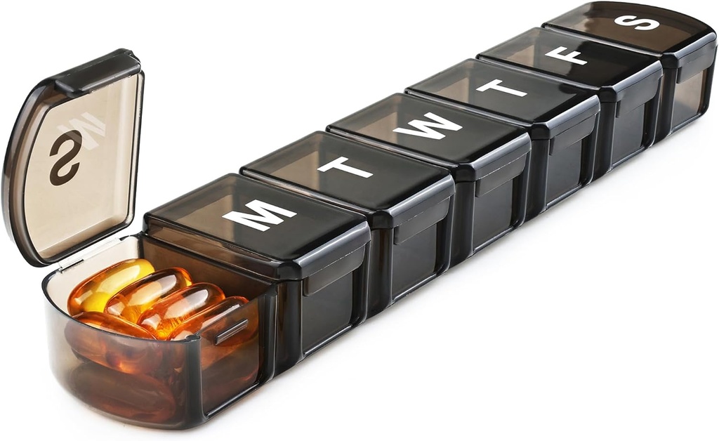 XL Caja semanal de píldoras Organizador 7 Día, 1 semana Jumbo Pill Dispenser Case One Time a Day, MOLN HYMY Daily Medicine Container to Hold Medication, Vitamins, Fish Oils and Supplement (Black