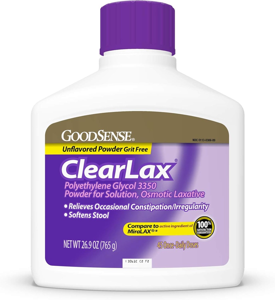 GoodSense Polyethylene Glycol 3350 Powder for Solution, Osmotic Laxative, Softens Stool, Alivia el estreñimiento ocasional, 26.9 Ounce