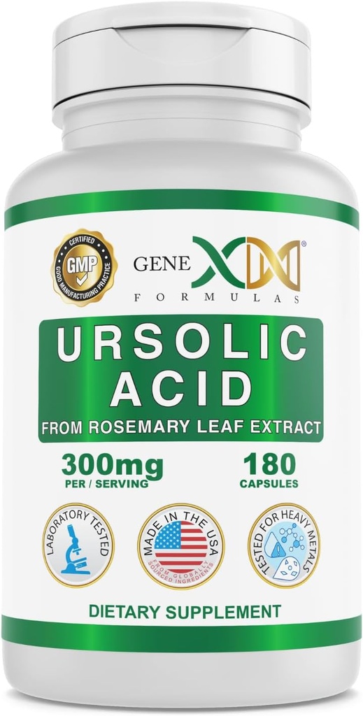 Genex Fórmulas Ácido ursólico 300mg (180 cápsulas) Ácido ursólico proveniente del extracto romero - No GMO, Gluten Free, Vegetarian