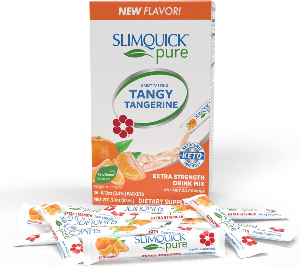 SlimQuick Extra Strength Weight Management Drink Mix for Women, Tangerine - Helps Metabolism, Keeps Full for Longer with Green Tea, Caffine, Chaste Tree, Rhodiola Extract - 26 Counts