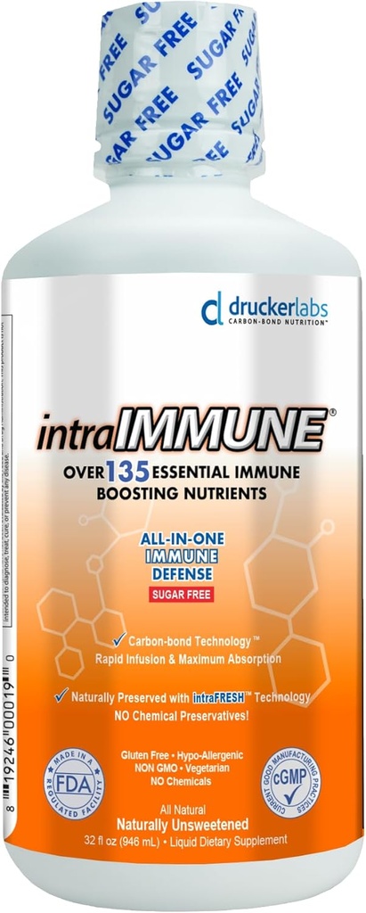 Drucker Labs -intraIMMUNE Organic Liquid Daily Immune & Defense Support, Multivitamin, Elderberry, Echinacea, Zinc, Vitamin D, C E, Vegan, Non GMO, Gluten Free (32 oz., Sugar Free Peach Berry)