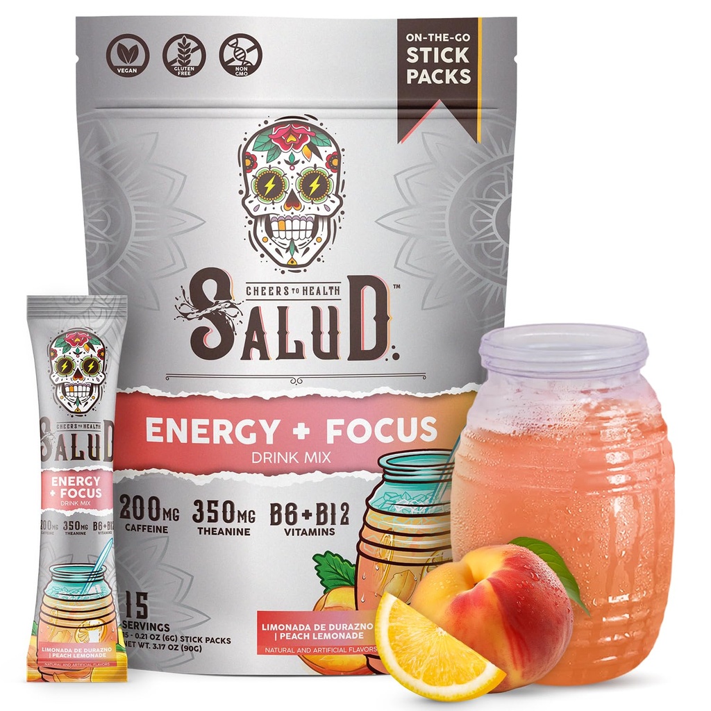 Salud 2-in-1 Energy Drink Powder + Focus, Peach Lemonade, Organic Caffeine, B6 + B12, Theanine, Clean Energy Drink Packets, Agua Fresca Mix, Non-GMO, Gluten Free, Vegan, 1g of Sugar, (15 Servings)