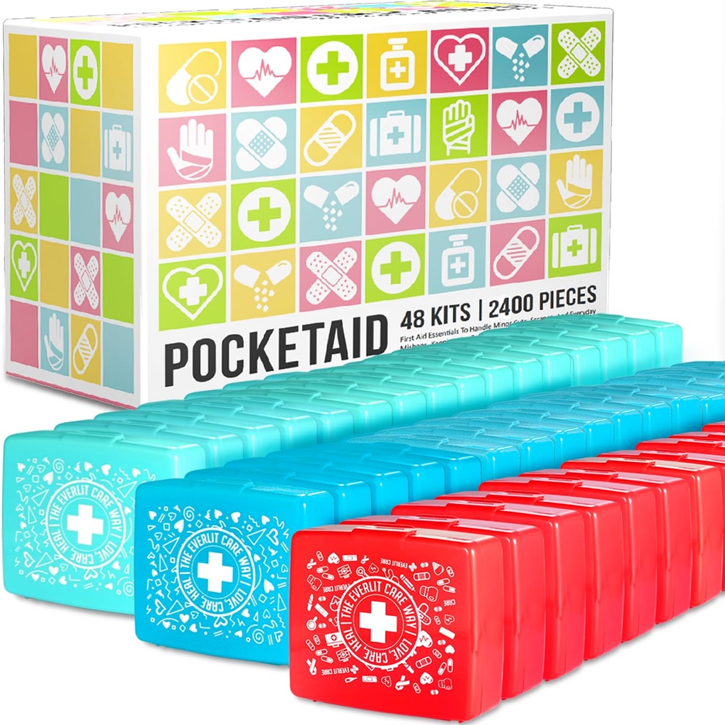 EVERLIT Pocket-Aid Mini First Aid Kit | Compact, Portable Hard-Shell Cases of 50 Items | Cuts, Scrapes, Wound Care Essentials for Travel, Outdoor, School, Camping, Home, Office (48 Packs | 2400 Pcs)