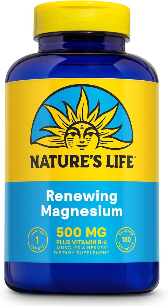 Natures Life Renewing Magnesium 500 mg - Plus Vitamina B-6 - Muscles and Nerves Support - Lab Verified (180 Servings, 180 VegCaps)