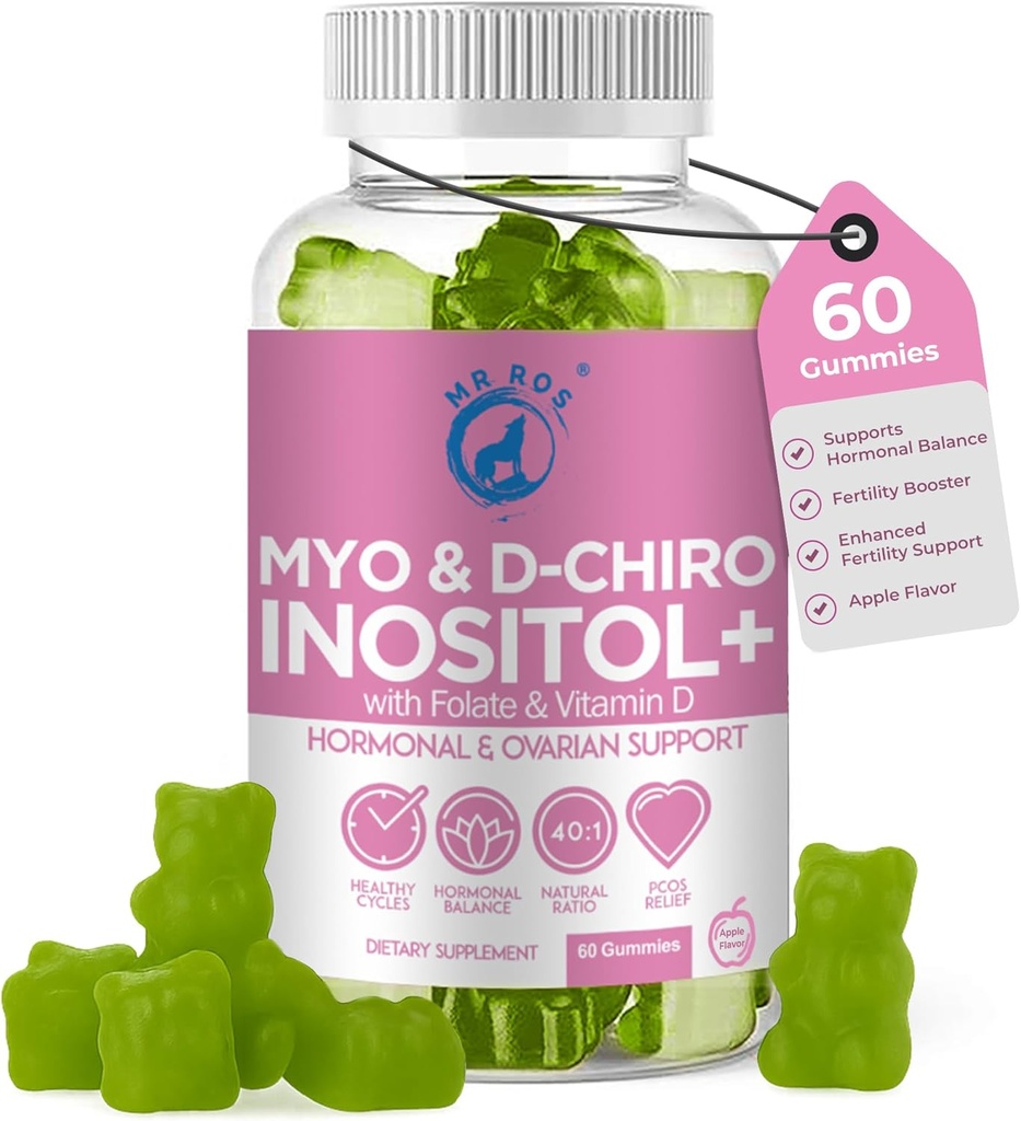 Inositol Gummies PCOS con folato & vitamina D - Myo & D-Chiro Inositol Blend, 40:1 Ratio, 60 Apple Flavor Gummies