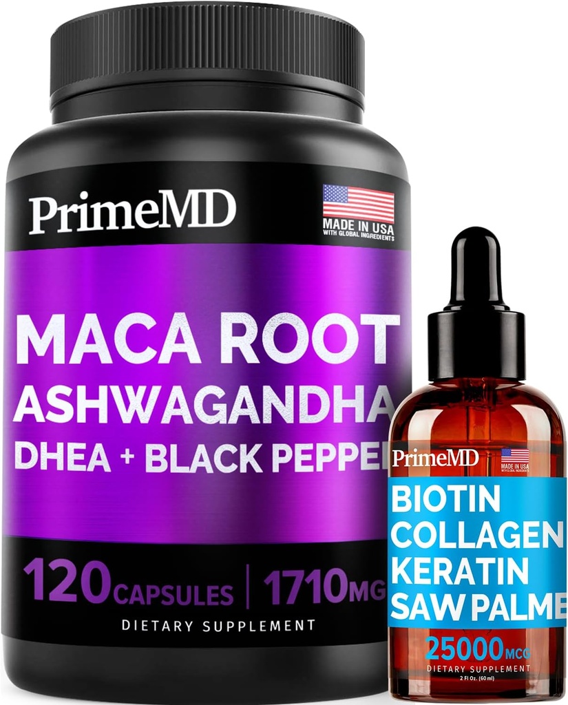 4-en-1 Liquid Biotin Collagen Keratin Saw Palmetto Drops (2 fl oz - 1 Pack) & 6-in-1 Maca Root Ashwagandha w Black Pepper Fruit (120ct) Bundle - Hair, Skin, Nails, Energy &amp; Mood Support Supplement